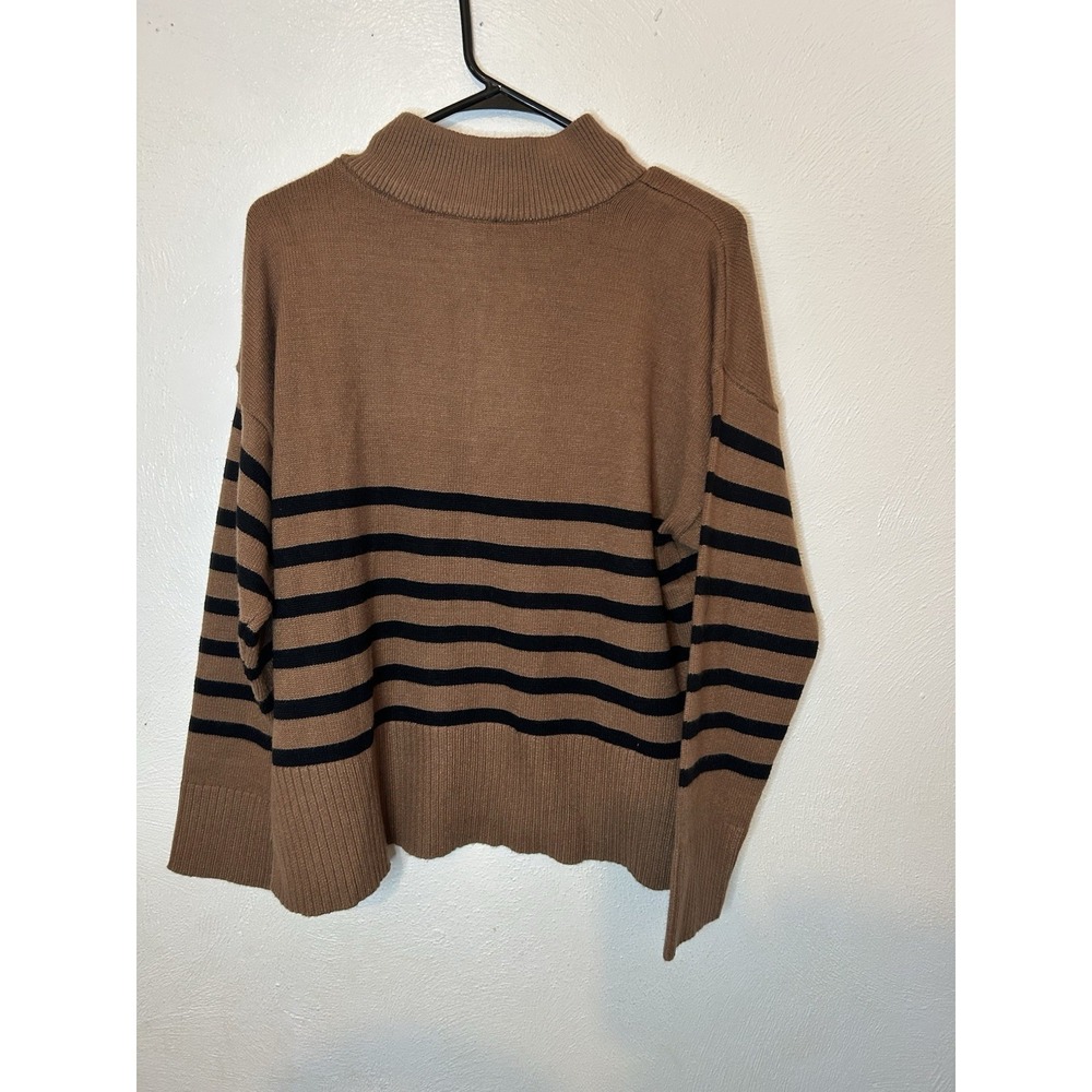 DKNY Sweater Women XL Brown Striped Quarter Zip Pullover Mock Neck Rayon Blend - Picture 2 of 9